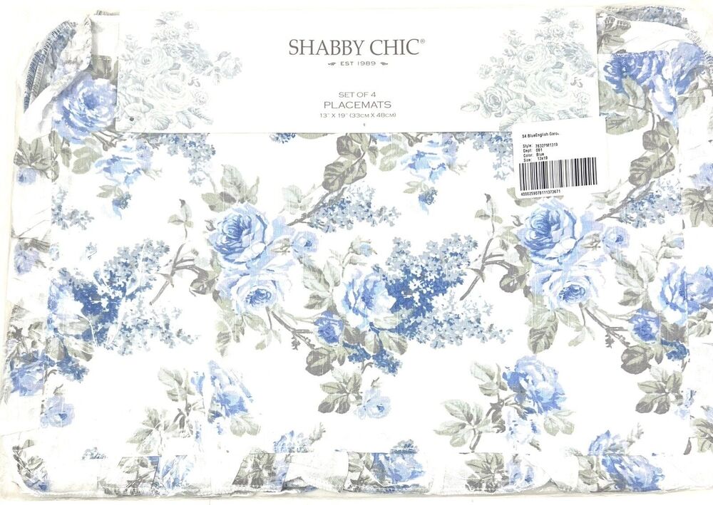 Shabby Chic Placemats Blue White ROSES Ruffle Fabrics English Garden 4 Pc Set
